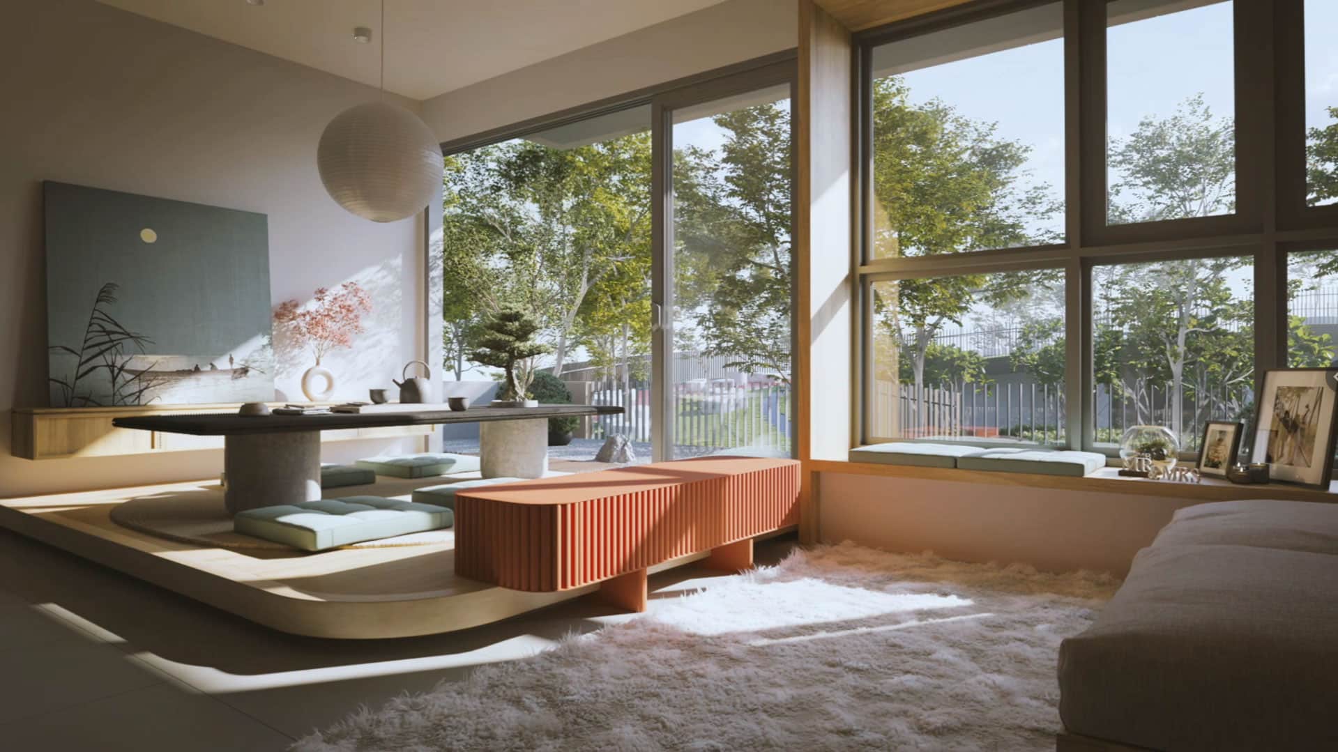 A 3D rendered architecture walkthrough image displaying photorealistic interior spaces, lighting, and spatial transitions within a building design.