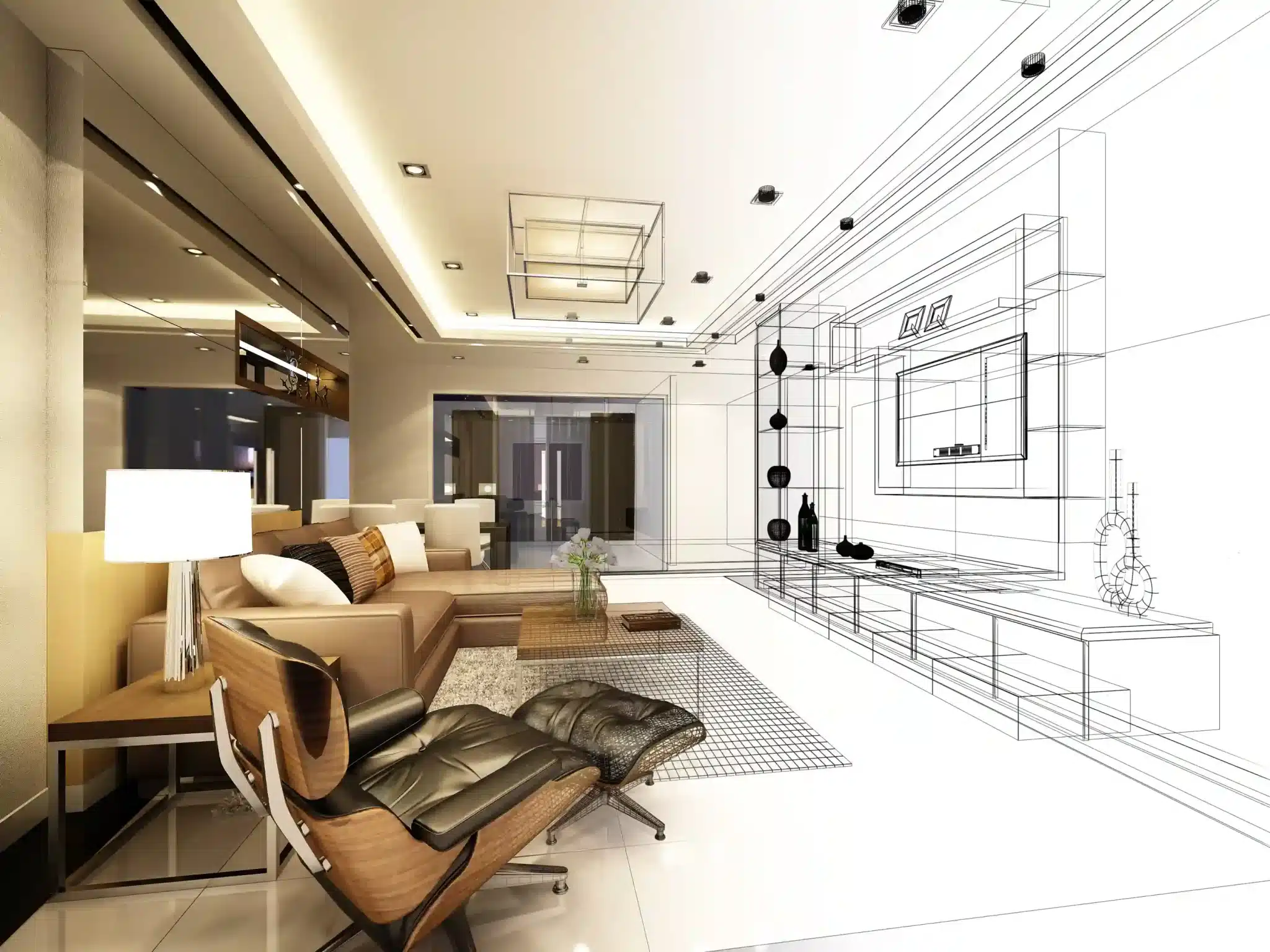 Split-view comparison of perspective rendering showing a hand-drawn interior perspective sketch on one side and a fully rendered photorealistic interior on the other side