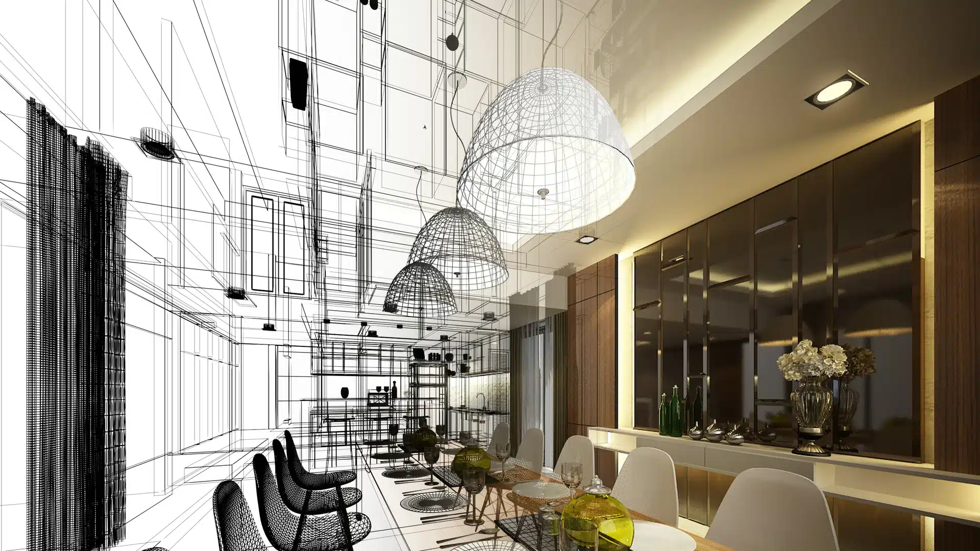 Split-view rendering process showing a half-finished 3D interior model transitioning into a fully photorealistic residential space to illustrate property visualisation workflow.
