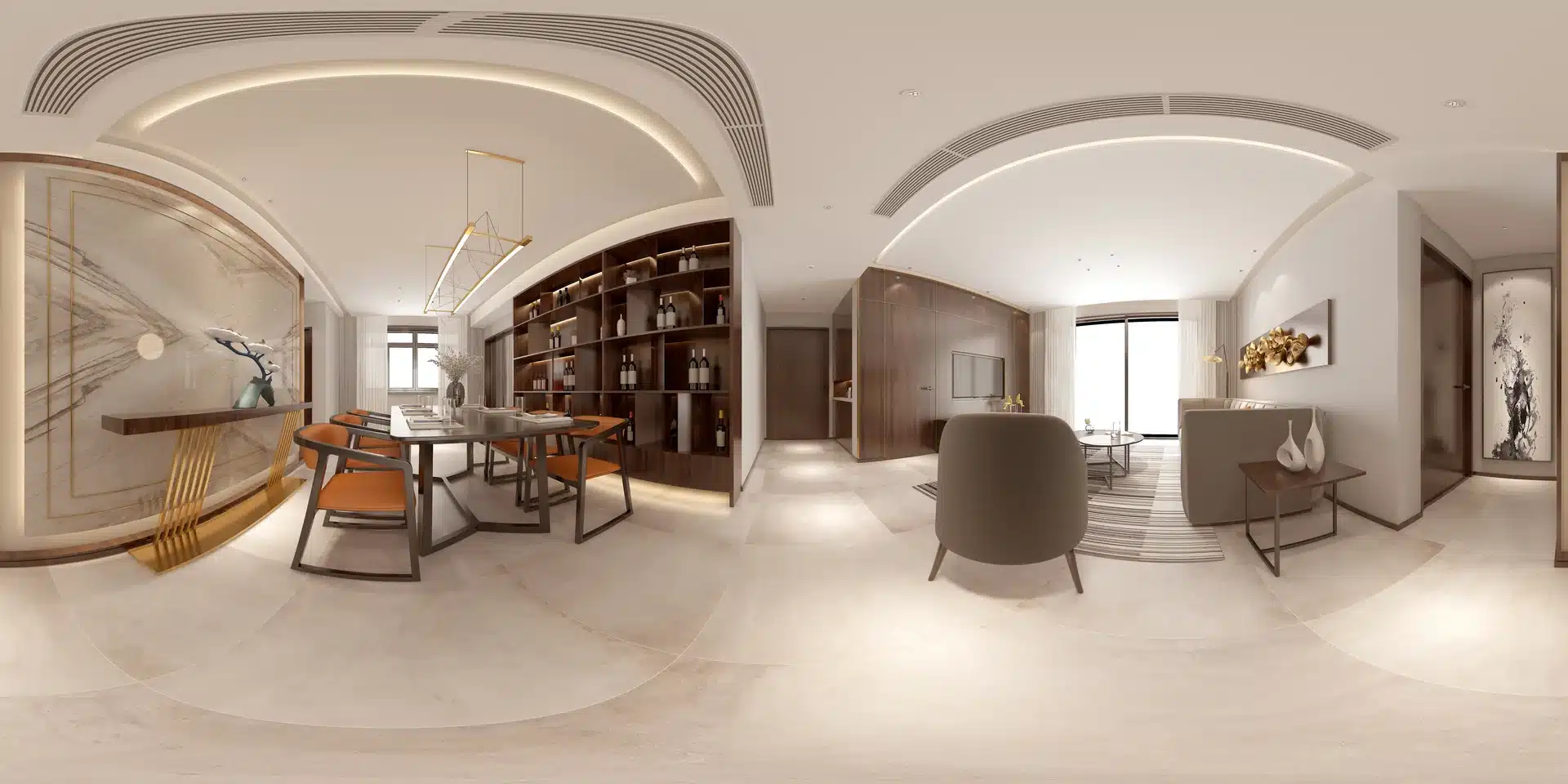 A 360 virtual tour render of a modern living and dining room showing a fully immersive and interactive interior space with panoramic view.
