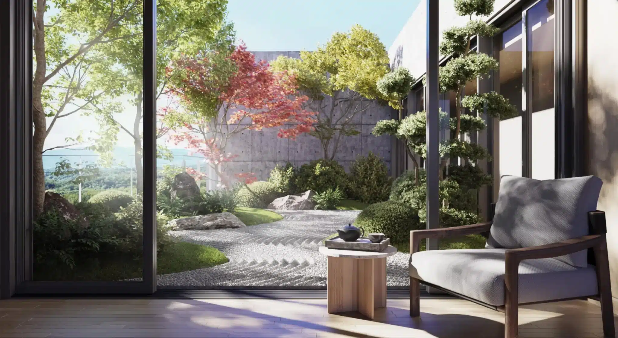 Completed architectural 3D animation project showing a walkthrough scene with cinematic lighting and environment rendering displayed on screen.